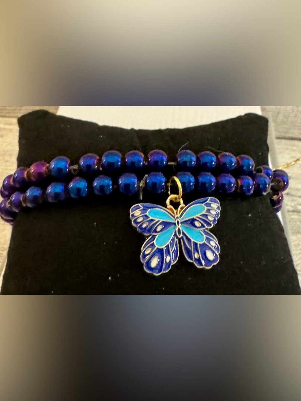 Blue  Beaded Bracelet Set of 2 - one with butterfly charm